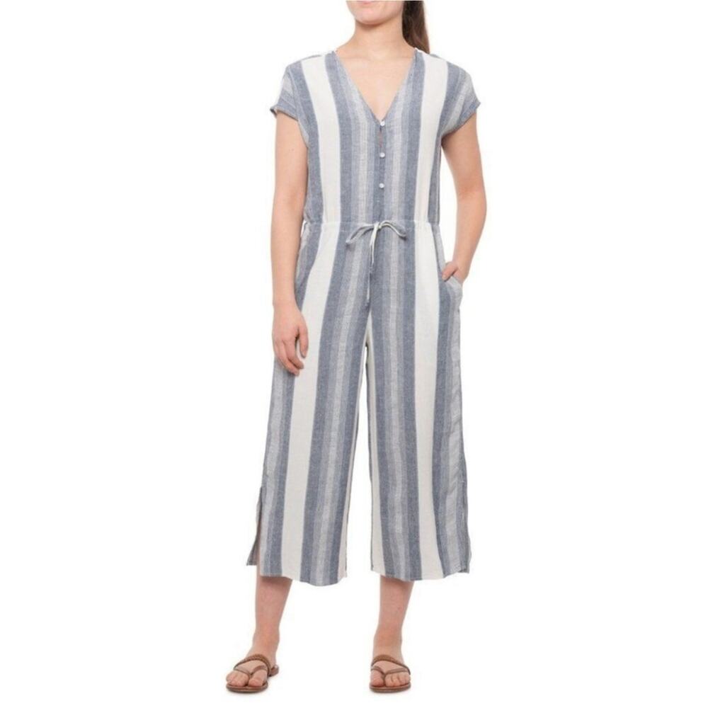 CLOTH & STONE Anthropologie Blue White Stripe Linen Blend Wide Leg Jumpsuit Sz M